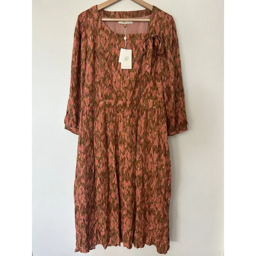 NWT Downeast Ziggy Tie Dress Midi Abstract Print Size‎ XL Romantic Modest Button